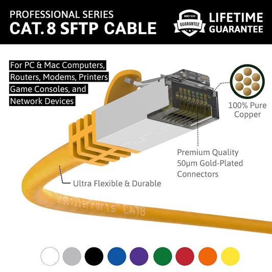 Ethernet Patch Cable CAT8 Shield Cable 26awg - Yellow - Professional Series - 40Gigabit/Sec Network/Internet Cable, 2000MHZ