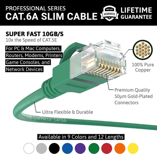 Ethernet Patch Cable CAT6A Cable Slim - Green - Professional Series - 10Gigabit/Sec Network/Internet Cable, 550MHZ