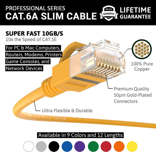 Ethernet Patch Cable CAT6A Cable Slim - Yellow - Professional Series - 10Gigabit/Sec Network/Internet Cable, 550MHZ