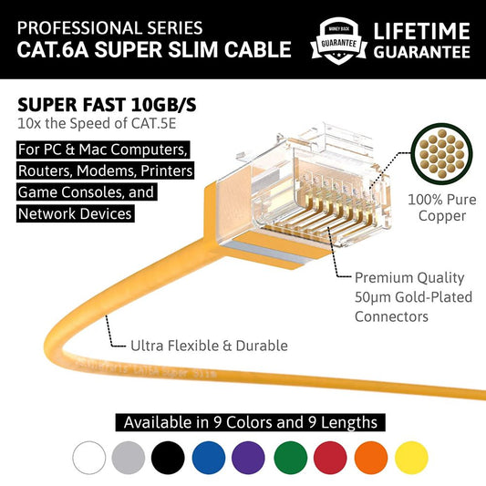 Ethernet Patch Cable CAT6A Cable Super Slim - Yellow - Professional Series - 10Gigabit/Sec Network/Internet Cable, 550MHZ