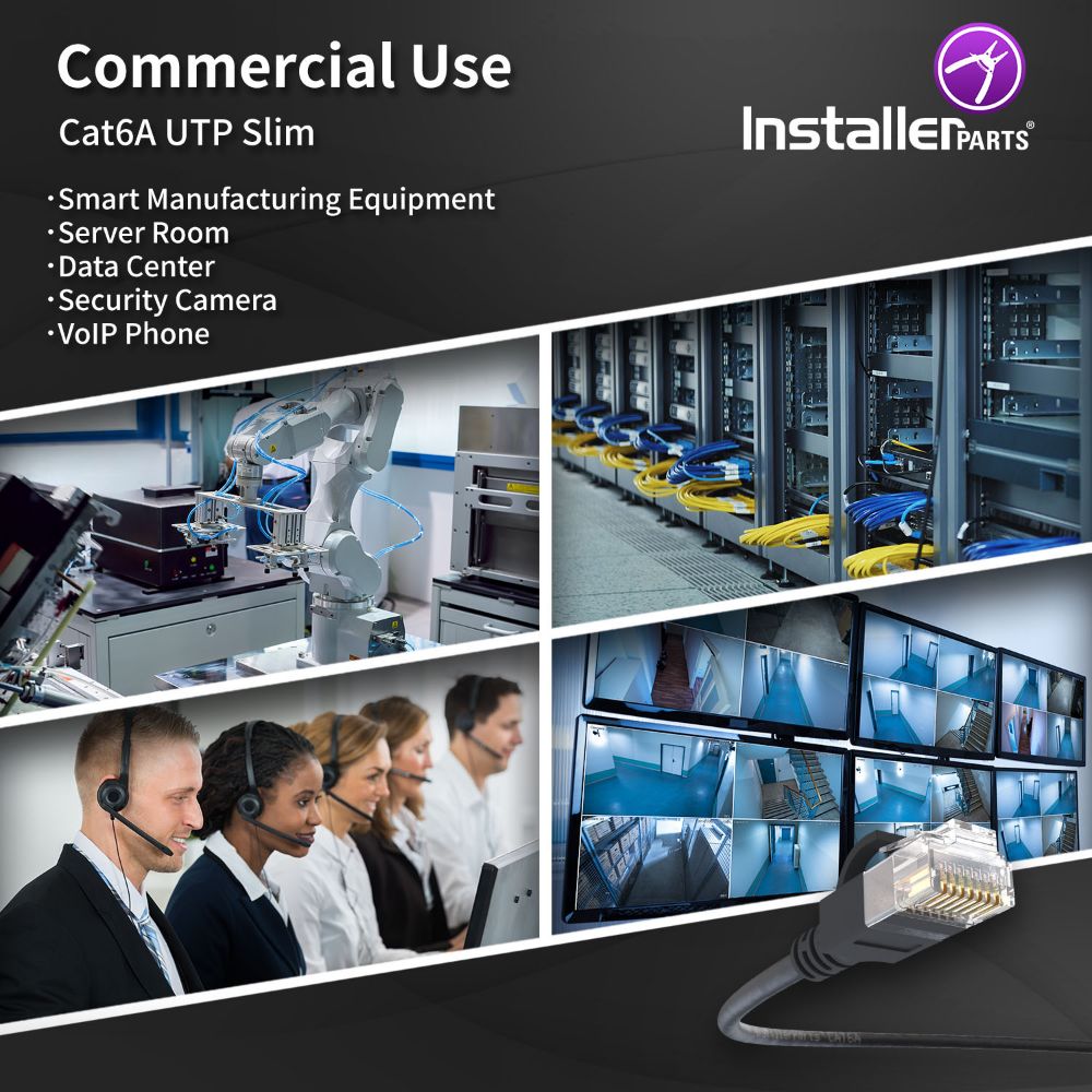 Cat6A Slim black patch cable in a data center rack cabling application