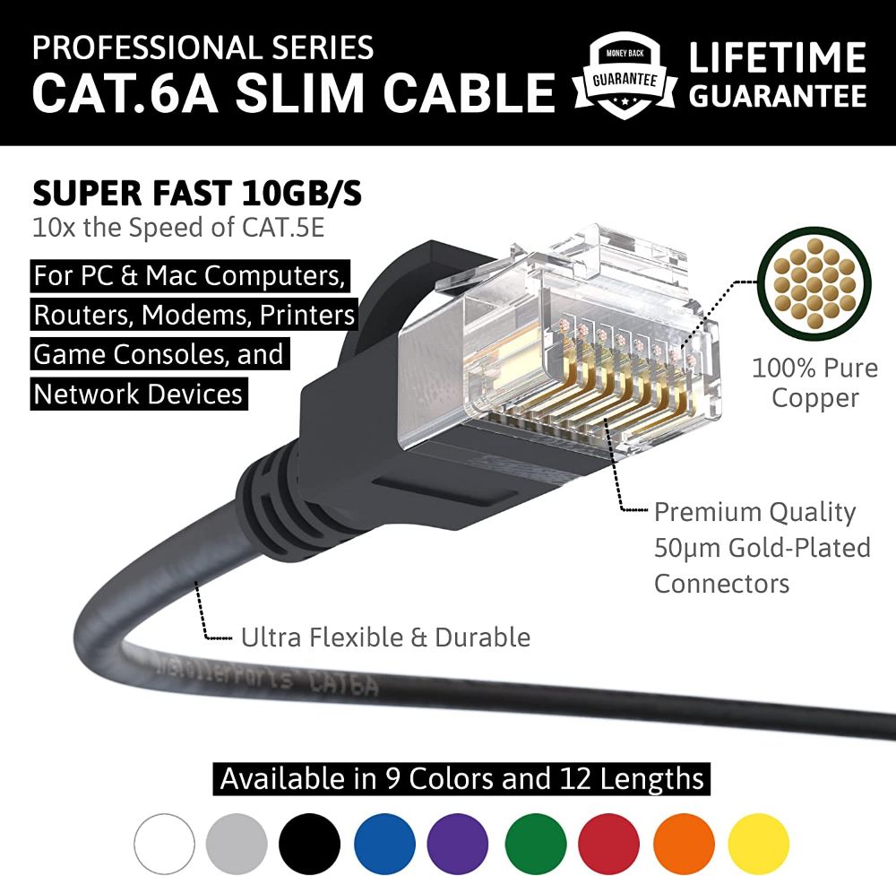 InstallerParts Cat6A Slim Ethernet Patch Cable, Black, 10Gbps 500MHz RJ45