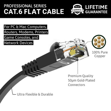 Ethernet Patch Cable CAT6 Cable Flat - Black - Professional Series - 10Gigabit/Sec Network/Internet Cable, 550MHZ