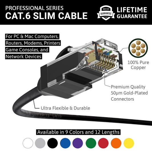 Ethernet Patch Cable CAT6 Cable UTP Slim Booted - Black - Professional Series - 10Gigabit/Sec Network/Internet Cable, 550MHZ
