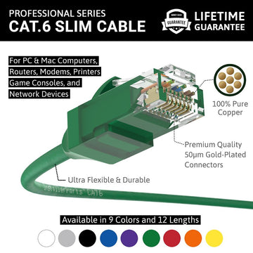 Ethernet Patch Cable CAT6 Cable UTP Slim Booted - Green - Professional Series - 10Gigabit/Sec Network/Internet Cable, 550MHZ