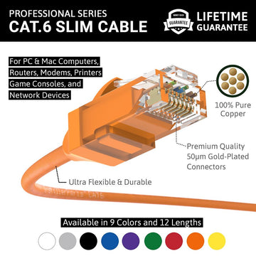 Ethernet Patch Cable CAT6 Cable UTP Slim Booted - Orange - Professional Series - 10Gigabit/Sec Network/Internet Cable, 550MHZ