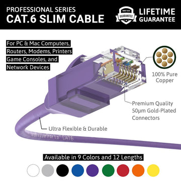 Ethernet Patch Cable CAT6 Cable UTP Slim Booted - Purple - Professional Series - 10Gigabit/Sec Network/Internet Cable, 550MHZ