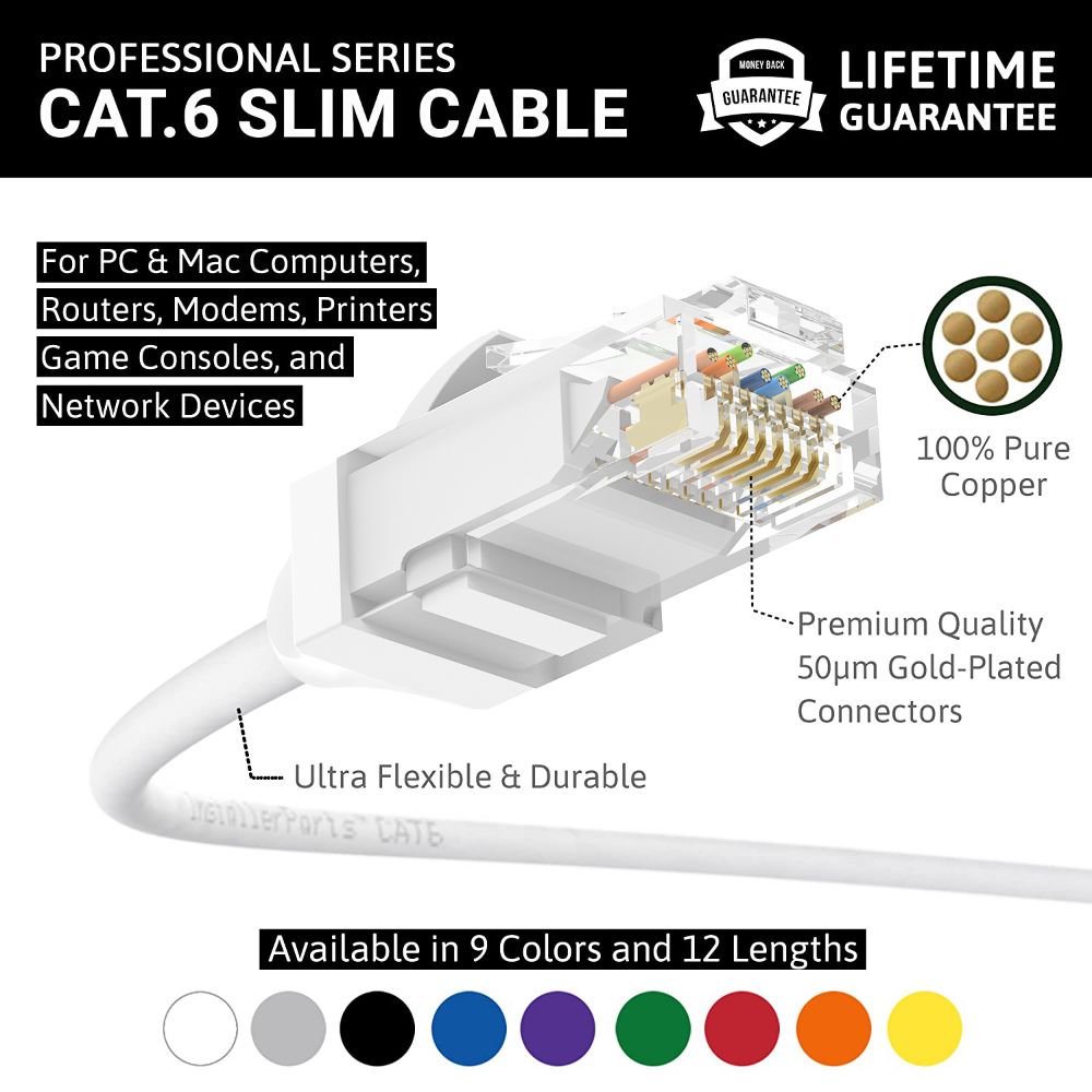 Ethernet Patch Cable CAT6 Cable UTP Slim Booted - White - Professional Series - 10Gigabit/Sec Network/Internet Cable, 550MHZ