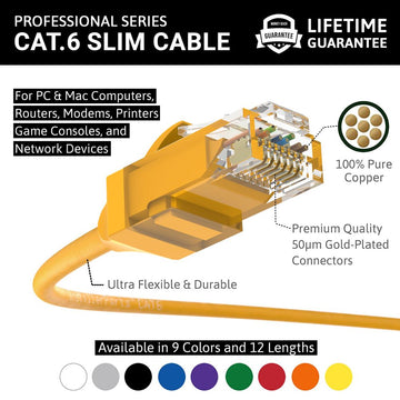 Ethernet Patch Cable CAT6 Cable UTP Slim Booted - Yellow - Professional Series - 10Gigabit/Sec Network/Internet Cable, 550MHZ