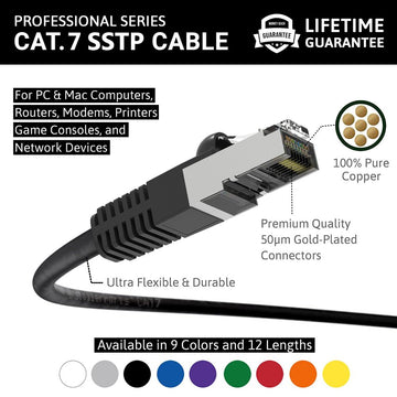 Ethernet Patch Cable CAT7 Cable Shield - Black - Professional Series - 10Gigabit/Sec Network/Internet Cable, 600MHZ