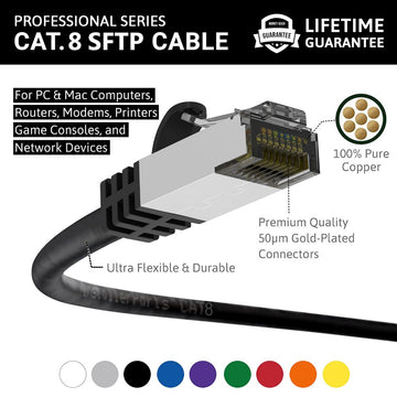 Ethernet Patch Cable CAT8 Shield Cable 26awg - Black - Professional Series - 40Gigabit/Sec Network/Internet Cable, 2000MHZ