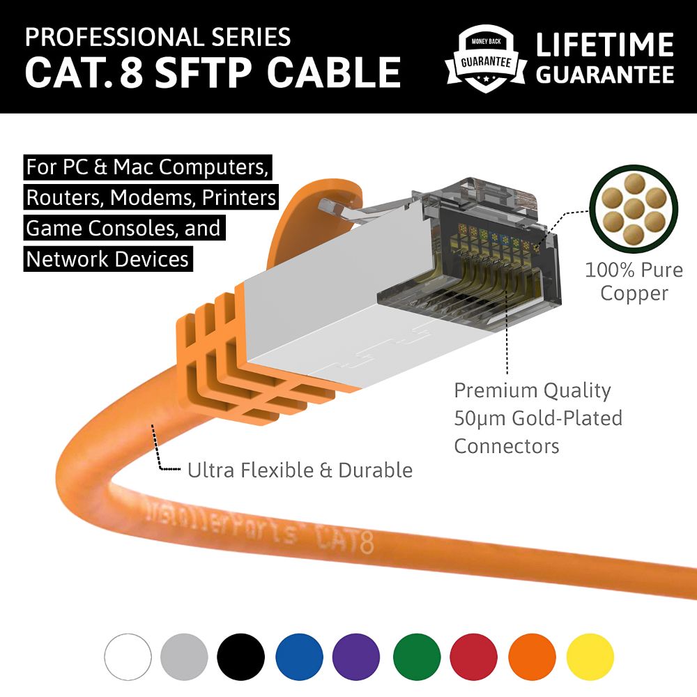 Ethernet Patch Cable CAT8 Shield Cable 26awg - Orange - Professional Series - 40Gigabit/Sec Network/Internet Cable, 2000MHZ