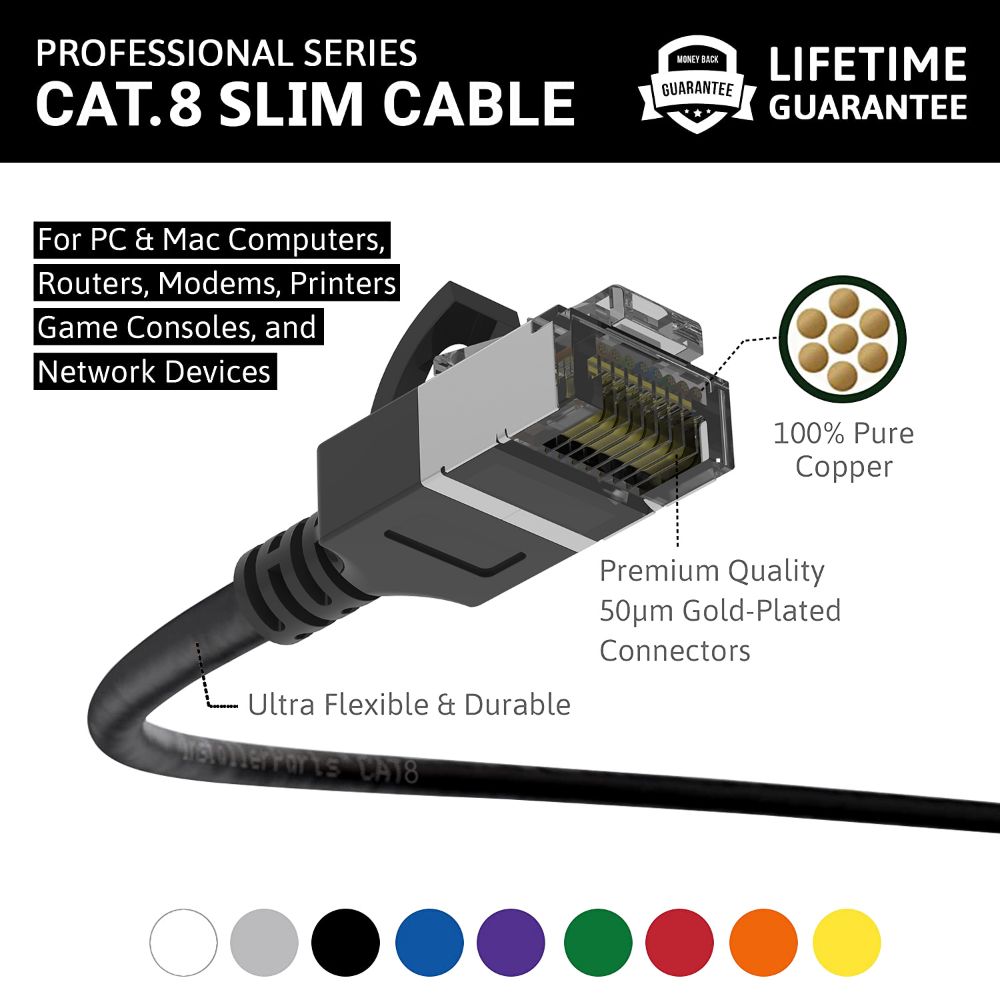 Ethernet Patch Cable CAT8 Shield Cable 30awg - Black - Professional Series - 40Gigabit/Sec Network/Internet Cable, 2000MHZ