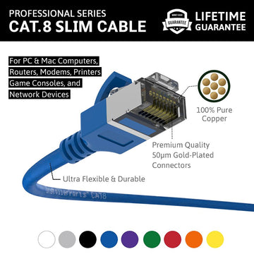 Ethernet Patch Cable CAT8 Shield Cable 30awg - Blue - Professional Series - 40Gigabit/Sec Network/Internet Cable, 2000MHZ