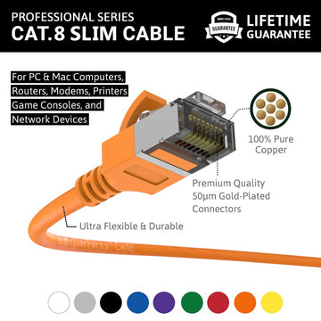Ethernet Patch Cable CAT8 Shield Cable 30awg - Orange - Professional Series - 40Gigabit/Sec Network/Internet Cable, 2000MHZ