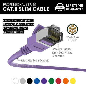 Ethernet Patch Cable CAT8 Shield Cable 30awg - Purple - Professional Series - 40Gigabit/Sec Network/Internet Cable, 2000MHZ