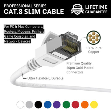 Ethernet Patch Cable CAT8 Shield Cable 30awg - White - Professional Series - 40Gigabit/Sec Network/Internet Cable, 2000MHZ