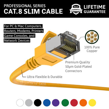 Ethernet Patch Cable CAT8 Shield Cable 30awg - Yellow - Professional Series - 40Gigabit/Sec Network/Internet Cable, 2000MHZ