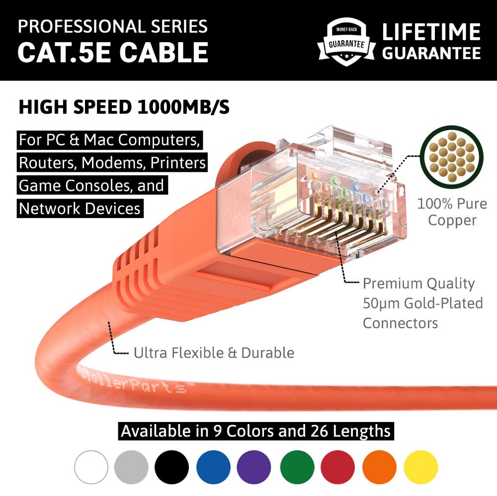 Ethernet Patch Cable CAT5E Cable UTP Booted - Orange - Professional Series - 1Gigabit/Sec Network/Internet Cable, 350MHZ