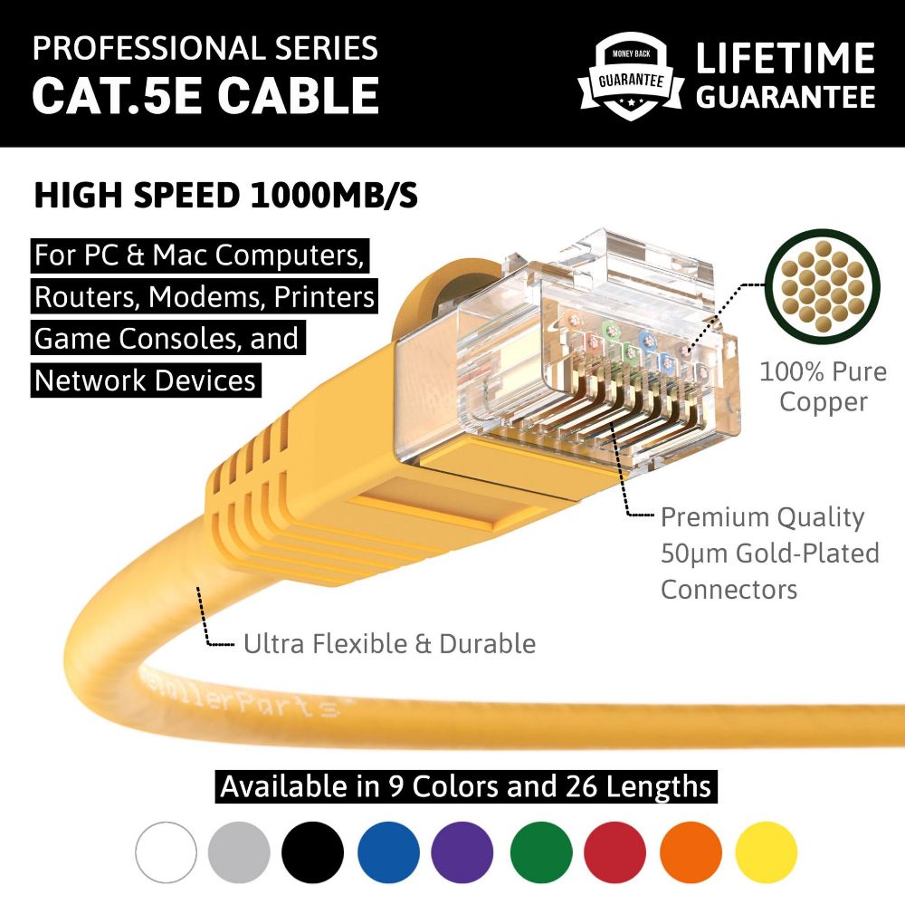 Ethernet Patch Cable CAT5E Cable UTP Booted - Yellow - Professional Series - 1Gigabit/Sec Network/Internet Cable, 350MHZ