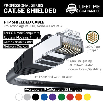 Ethernet Patch Cable CAT5E Cable Shield - Black - Professional Series - 1Gigabit/Sec Network/Internet Cable, 350MHZ