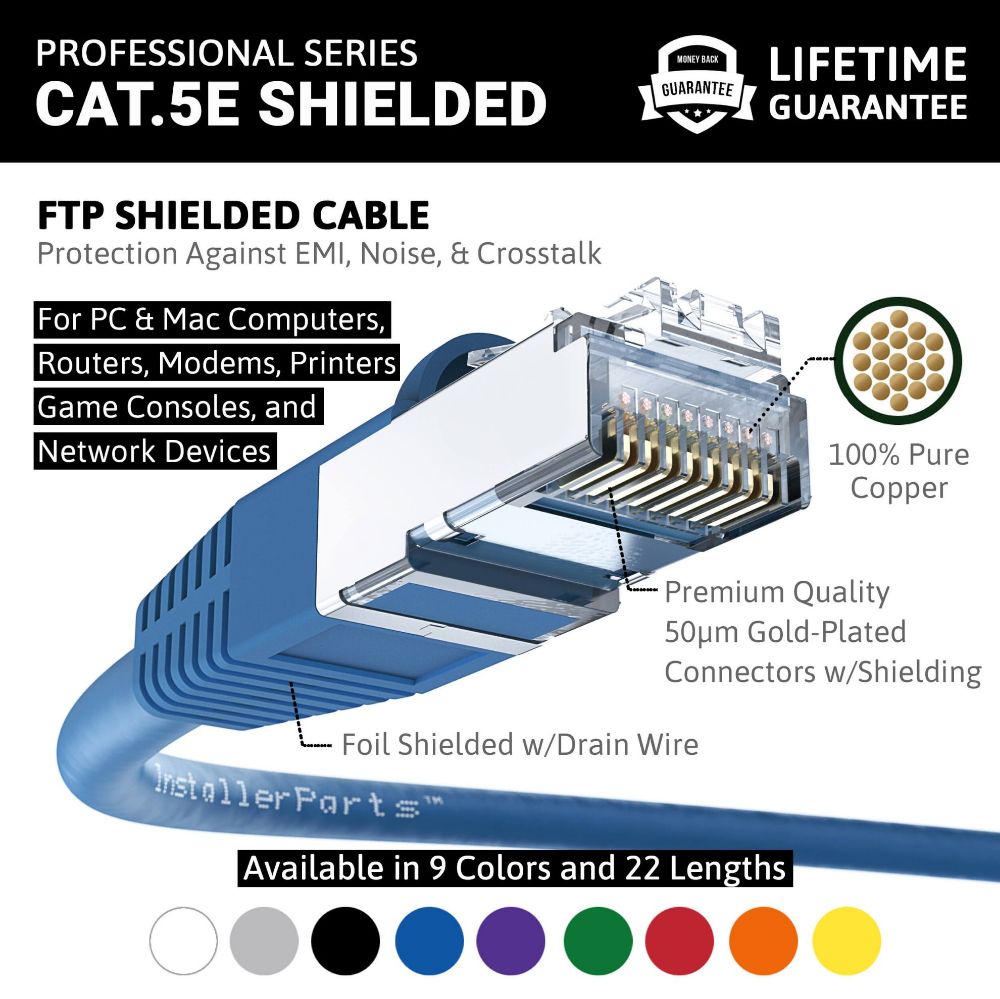 Ethernet Patch Cable CAT5E Cable Shield - Blue - Professional Series - 1Gigabit/Sec Network/Internet Cable, 350MHZ