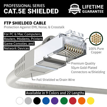 Ethernet Patch Cable CAT5E Cable Shield - Gray - Professional Series - 1Gigabit/Sec Network/Internet Cable, 350MHZ