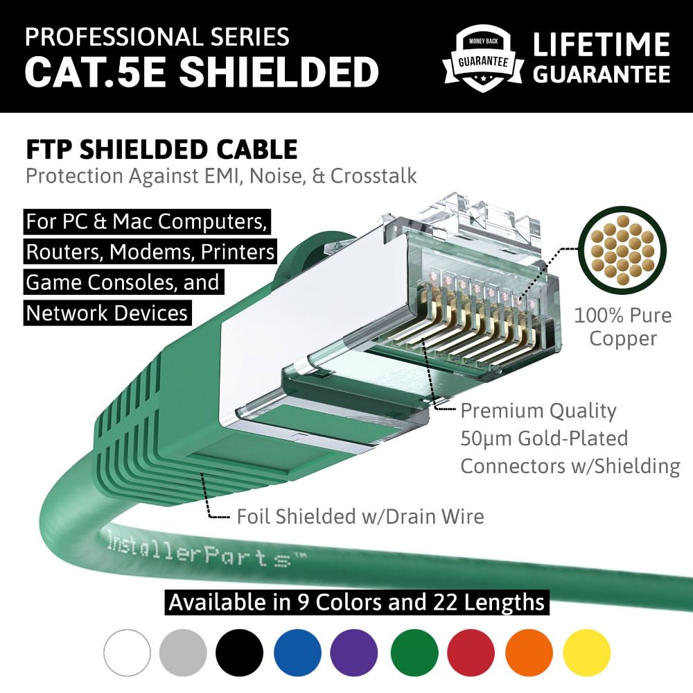Ethernet Patch Cable CAT5E Cable Shield - Green - Professional Series - 1Gigabit/Sec Network/Internet Cable, 350MHZ