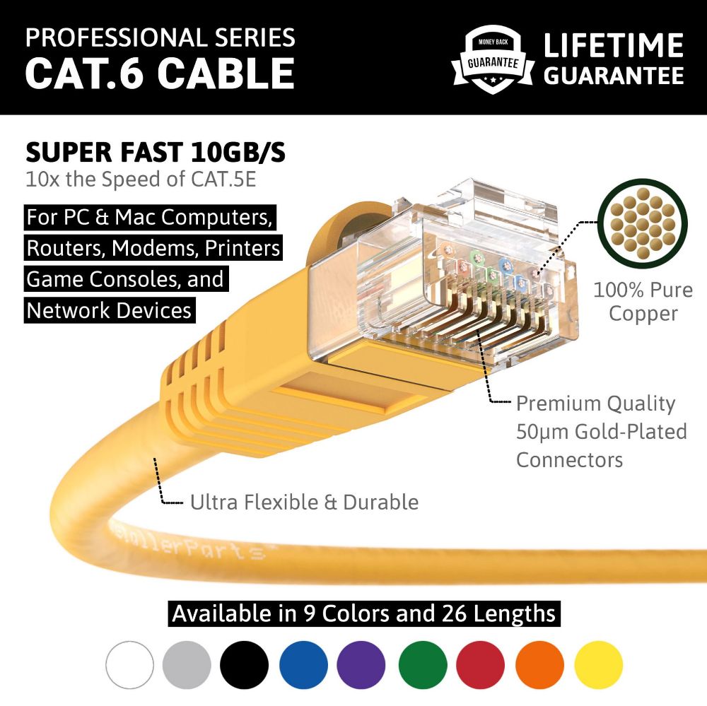 Ethernet Patch Cable CAT6 Cable UTP Booted - Yellow - Professional Series - 10Gigabit/Sec Network/High Speed Internet Cable, 550MHZ