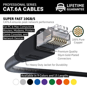 Ethernet Patch Cable CAT6A Cable UTP Booted - Black - Professional Series - 10Gigabit/Sec Network/Internet Cable, 550MHZ