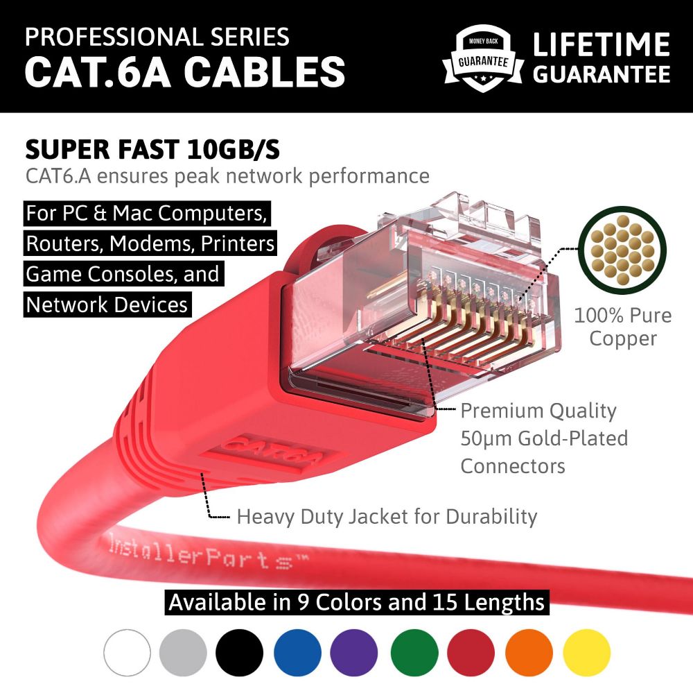 Ethernet Patch Cable CAT6A Cable UTP Booted - Red - Professional Series - 10Gigabit/Sec Network/Internet Cable, 550MHZ