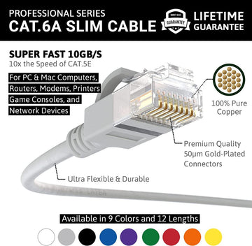 Ethernet Patch Cable CAT6A Cable Slim - Gray - Professional Series - 10Gigabit/Sec Network/Internet Cable, 550MHZ