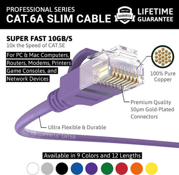 Ethernet Patch Cable CAT6A Cable Slim - Purple - Professional Series - 10Gigabit/Sec Network/Internet Cable, 550MHZ