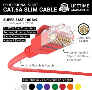 Ethernet Patch Cable CAT6A Cable Slim - Red - Professional Series - 10Gigabit/Sec Network/Internet Cable, 550MHZ