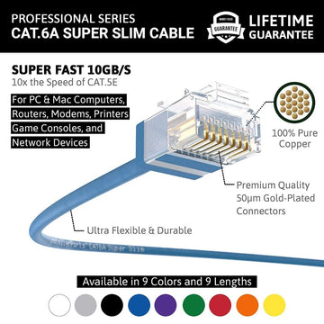 Ethernet Patch Cable CAT6A Cable Super Slim - Blue - Professional Series - 10Gigabit/Sec Network/Internet Cable, 550MHZ