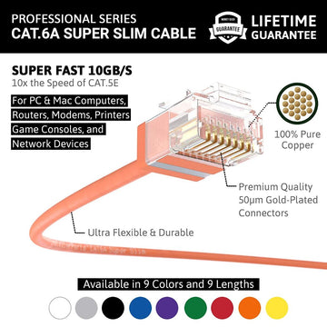 Ethernet Patch Cable CAT6A Cable Super Slim - Orange - Professional Series - 10Gigabit/Sec Network/Internet Cable, 550MHZ