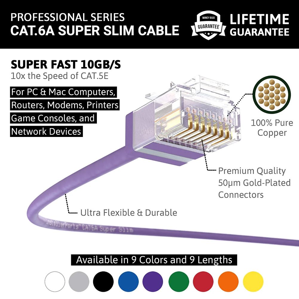 Ethernet Patch Cable CAT6A Cable Super Slim - Purple - Professional Series - 10Gigabit/Sec Network/Internet Cable, 550MHZ
