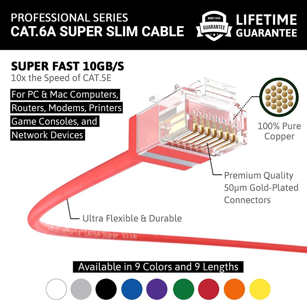 Ethernet Patch Cable CAT6A Cable Super Slim - Red - Professional Series - 10Gigabit/Sec Network/Internet Cable, 550MHZ